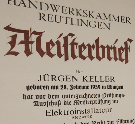 Meisterbrief von Jürgen Keller